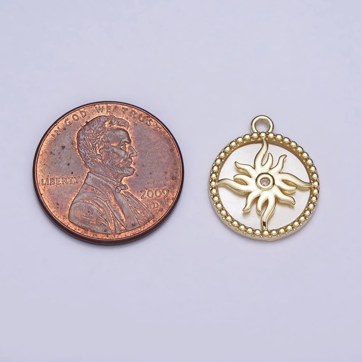 14K Gold plated Celestial Sun Shell Pearl Clear CZ Beaded Round Charm | AC1056 - DLUXCA