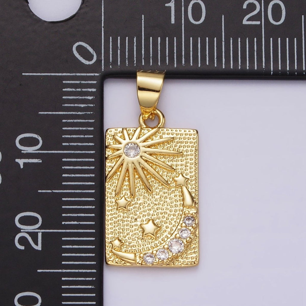 14K Gold plated Celestial Sun Stars Crescent Moon CZ Micro Paved Dotted Rectangular Tag Pendant | N1921 - DLUXCA