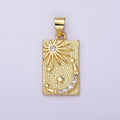 14K Gold plated Celestial Sun Stars Crescent Moon CZ Micro Paved Dotted Rectangular Tag Pendant | N1921 - DLUXCA