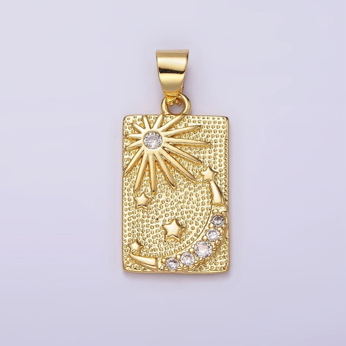 14K Gold plated Celestial Sun Stars Crescent Moon CZ Micro Paved Dotted Rectangular Tag Pendant | N1921 - DLUXCA