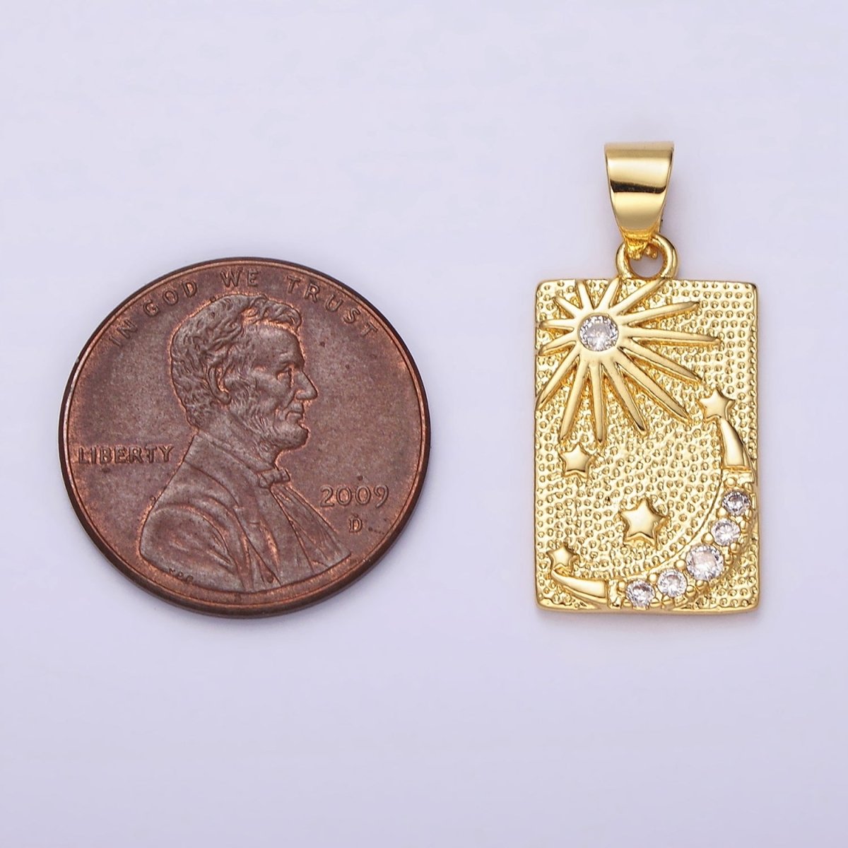 14K Gold plated Celestial Sun Stars Crescent Moon CZ Micro Paved Dotted Rectangular Tag Pendant | N1921 - DLUXCA