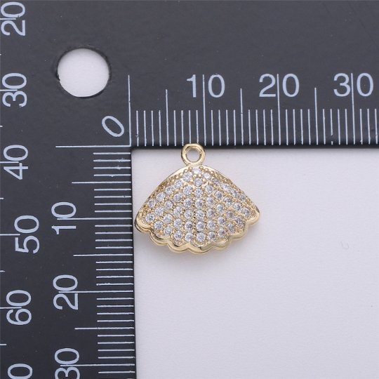 14k Gold plated Charm Clam Shell, 15mm, Micro Pave Shell Charm Open Clam Shell PendantC-472 - DLUXCA