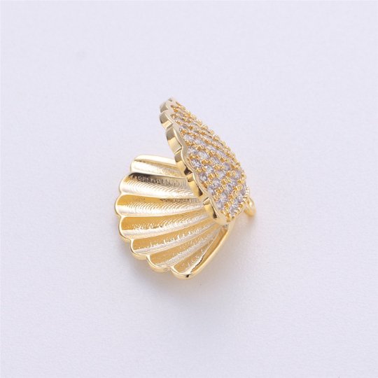 14k Gold plated Charm Clam Shell, 15mm, Micro Pave Shell Charm Open Clam Shell PendantC-472 - DLUXCA