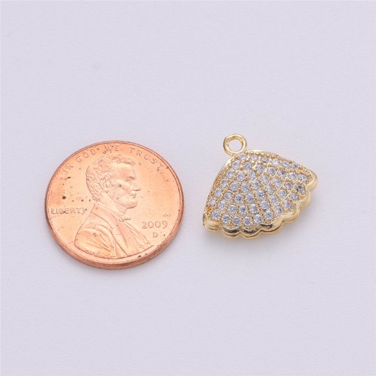 14k Gold plated Charm Clam Shell, 15mm, Micro Pave Shell Charm Open Clam Shell PendantC-472 - DLUXCA