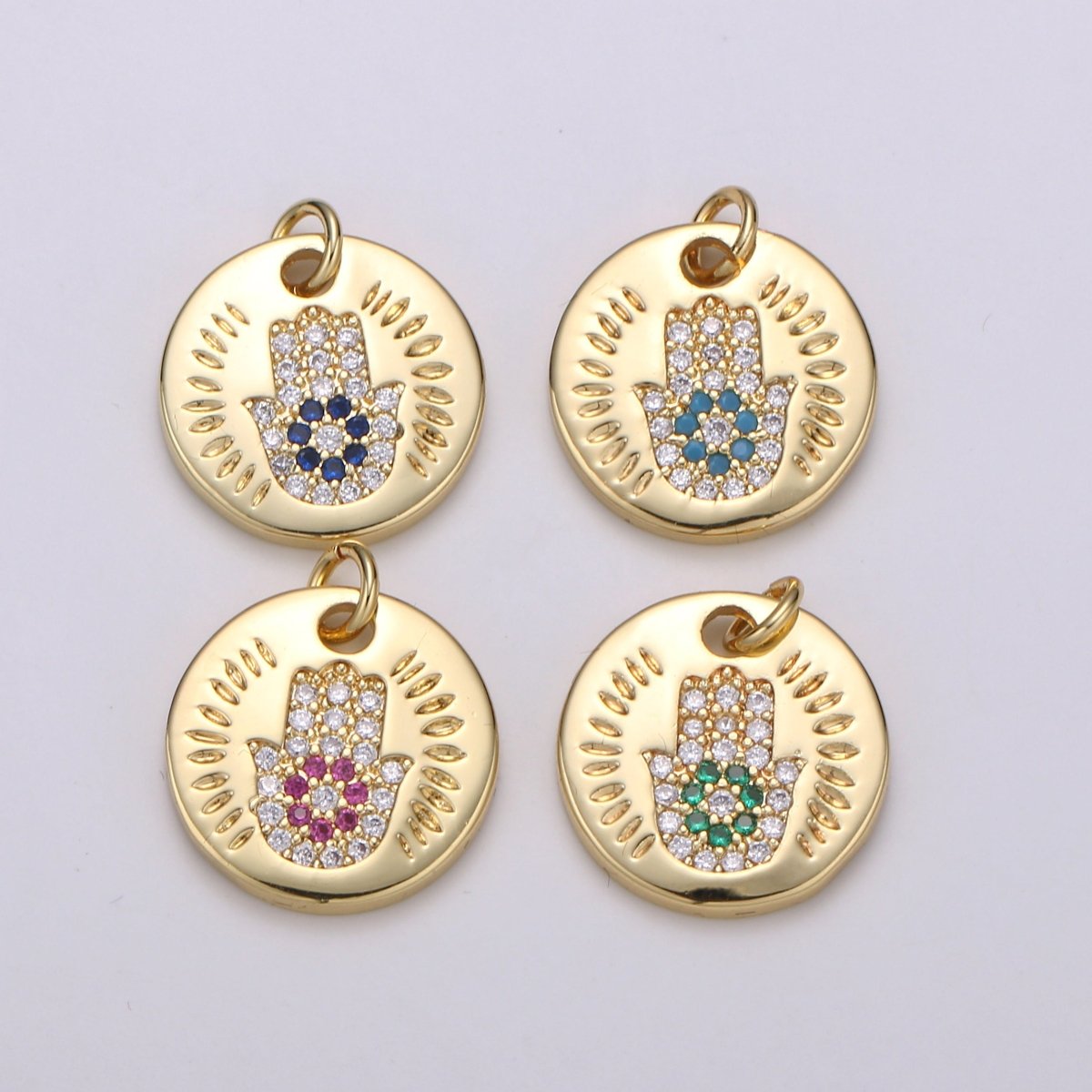 14k Gold plated Charm CZ Micro Pave Hamsa Hand Round Coin Pendant Medallion Charm Cubic Zirconia Charm for Necklace Bracelet Supply E-056~E-059