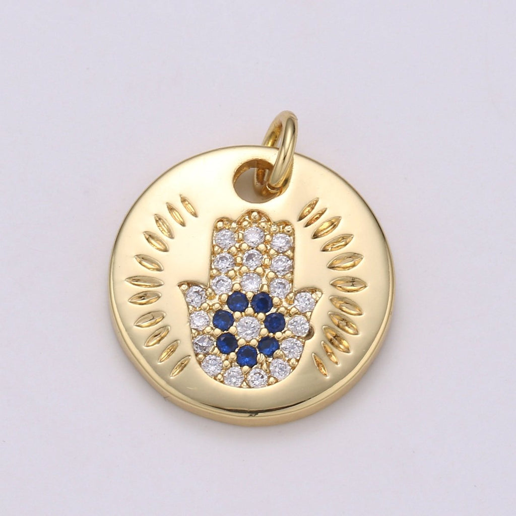 14k Gold plated Charm CZ Micro Pave Hamsa Hand Round Coin Pendant Medallion Charm Cubic Zirconia Charm for Necklace Bracelet Supply E-056~E-059