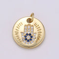 14k Gold plated Charm CZ Micro Pave Hamsa Hand Round Coin Pendant Medallion Charm Cubic Zirconia Charm for Necklace Bracelet Supply E-056~E-059