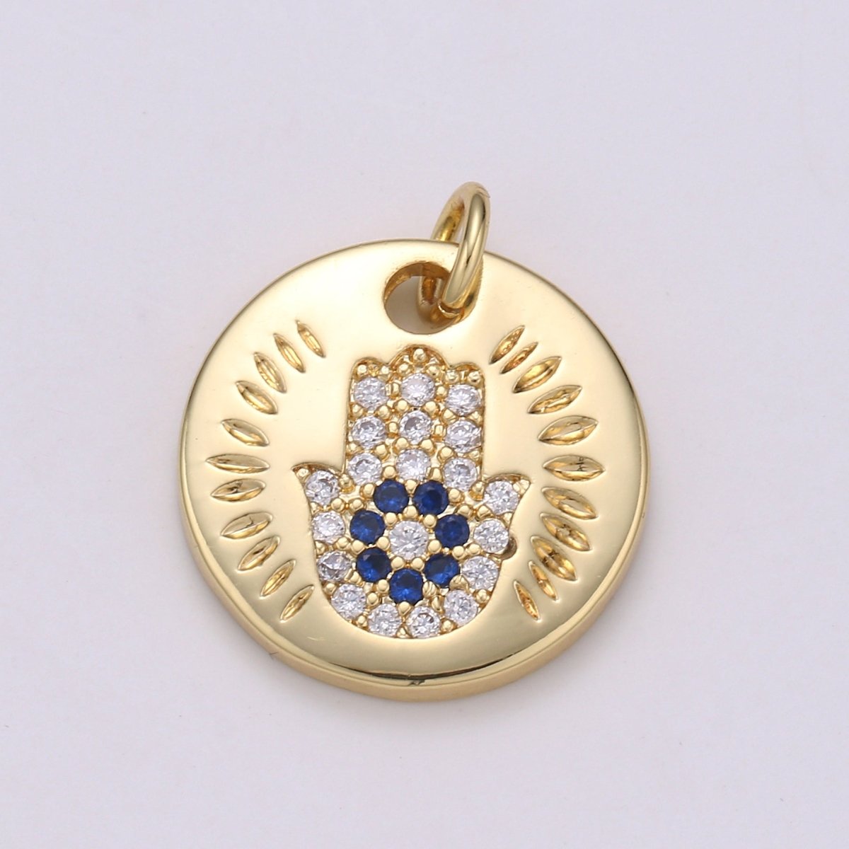 14k Gold plated Charm CZ Micro Pave Hamsa Hand Round Coin Pendant Medallion Charm Cubic Zirconia Charm for Necklace Bracelet Supply E-056~E-059