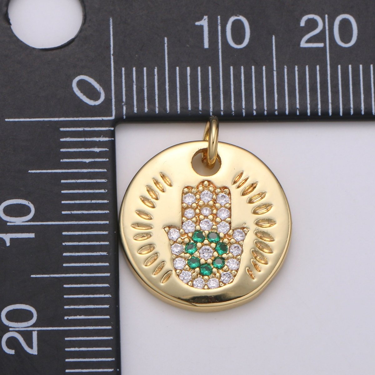 14k Gold plated Charm CZ Micro Pave Hamsa Hand Round Coin Pendant Medallion Charm Cubic Zirconia Charm for Necklace Bracelet Supply E-056~E-059