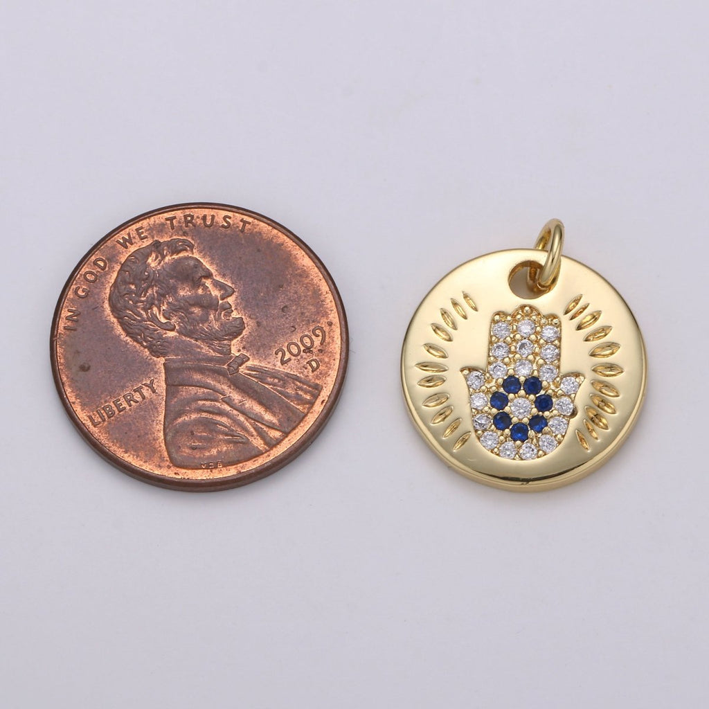 14k Gold plated Charm CZ Micro Pave Hamsa Hand Round Coin Pendant Medallion Charm Cubic Zirconia Charm for Necklace Bracelet Supply E-056~E-059