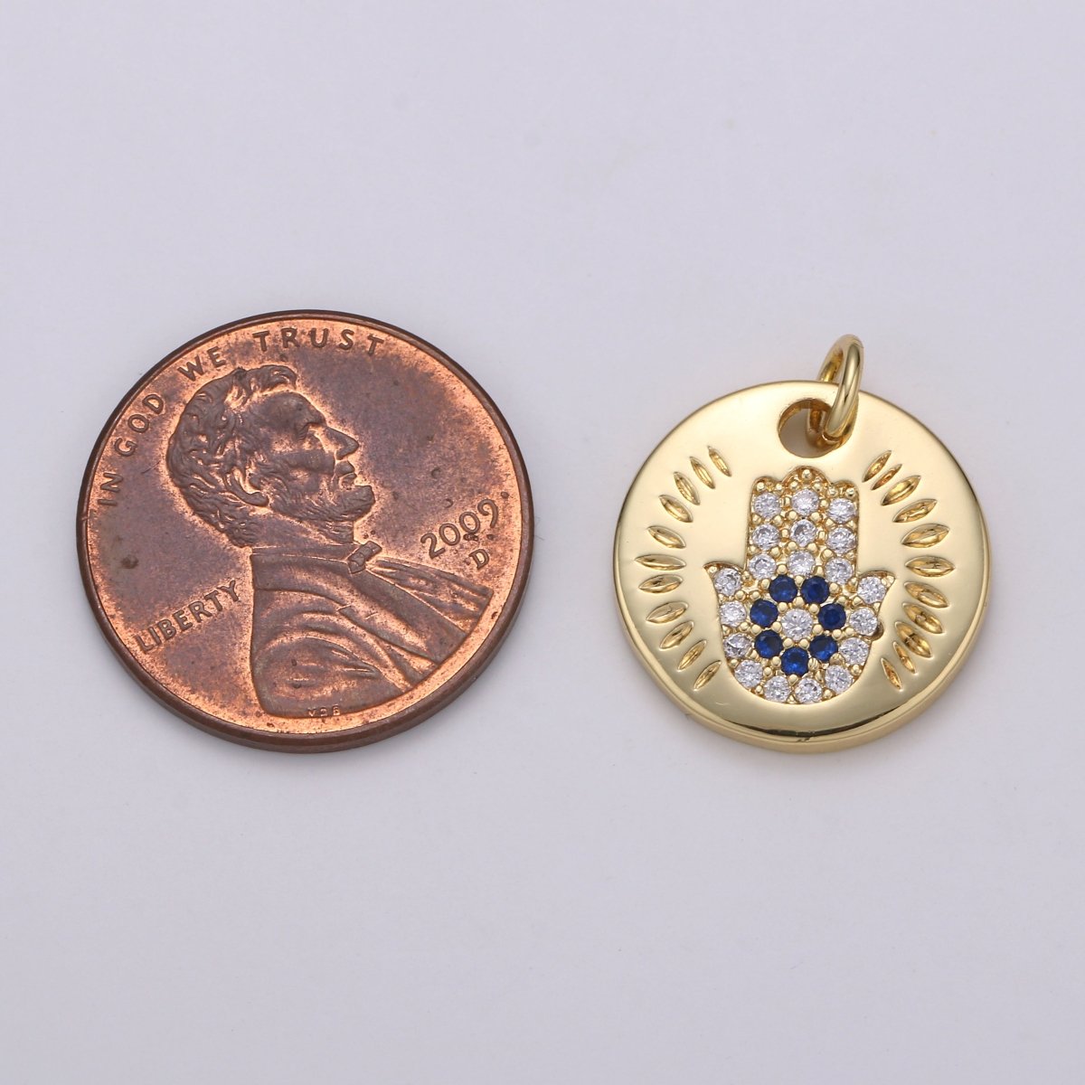 14k Gold plated Charm CZ Micro Pave Hamsa Hand Round Coin Pendant Medallion Charm Cubic Zirconia Charm for Necklace Bracelet Supply E-056~E-059