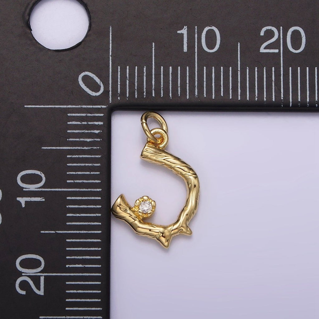 14K Gold plated Cherry Blossom Flower Clear CZ Textured "U" Wood Branch Sakura Tree Charm | AG197 - DLUXCA