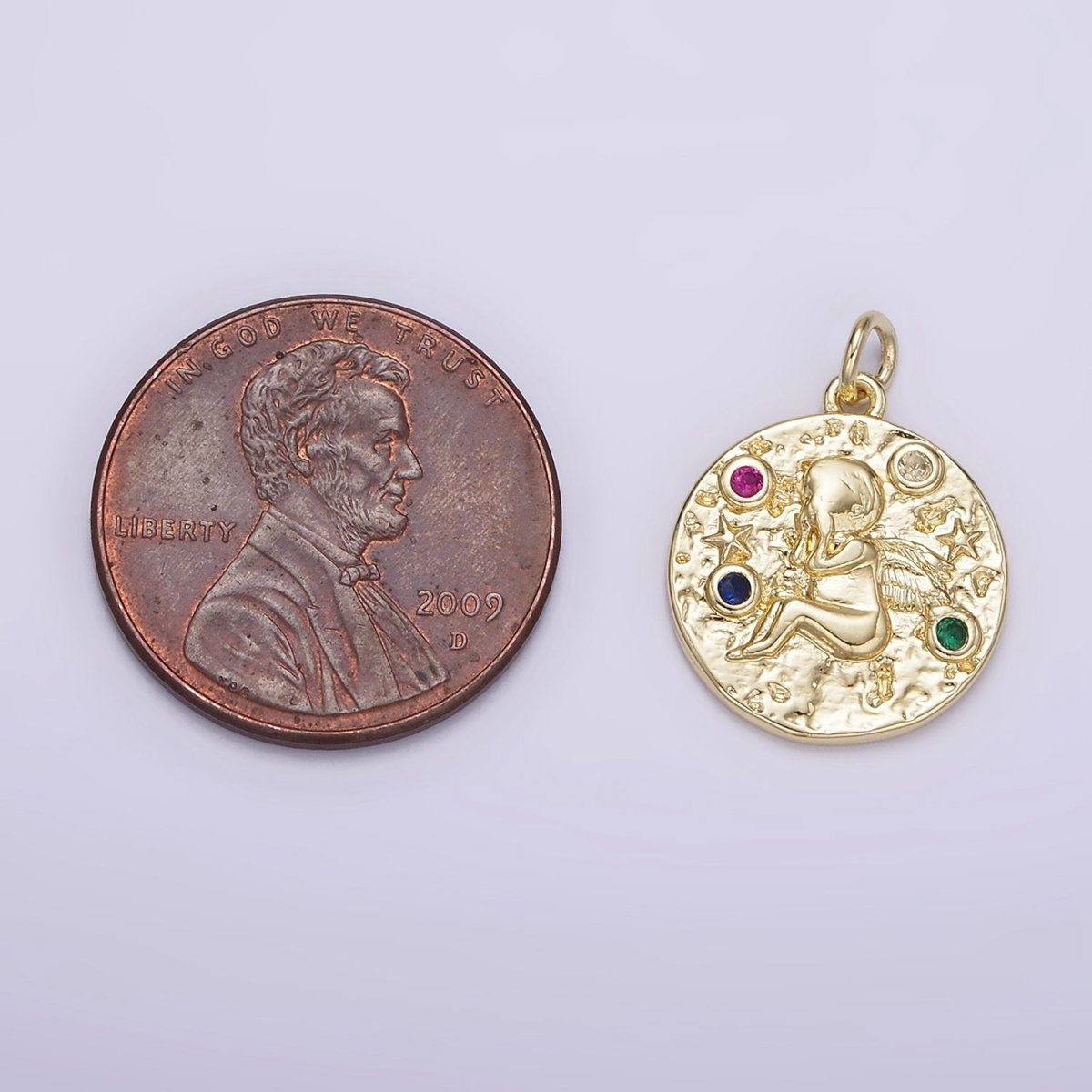 14K Gold plated Cherub Baby Angel Cupid Multicolor CZ Celestial Star Textured Round Charm | AG186 - DLUXCA