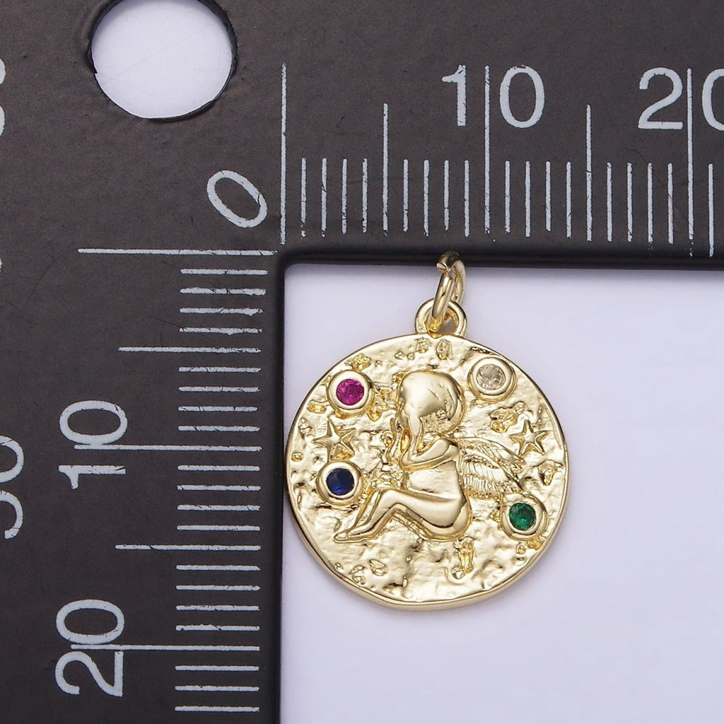 14K Gold plated Cherub Baby Angel Cupid Multicolor CZ Celestial Star Textured Round Charm | AG186 - DLUXCA