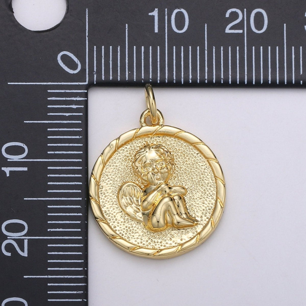 14K Gold plated Cherub pendant - Little Angel- Necklace Charm - Coin Disc Charm- gift for Daughter- Jewelry Findings - Charm For Necklace D-718 - DLUXCA