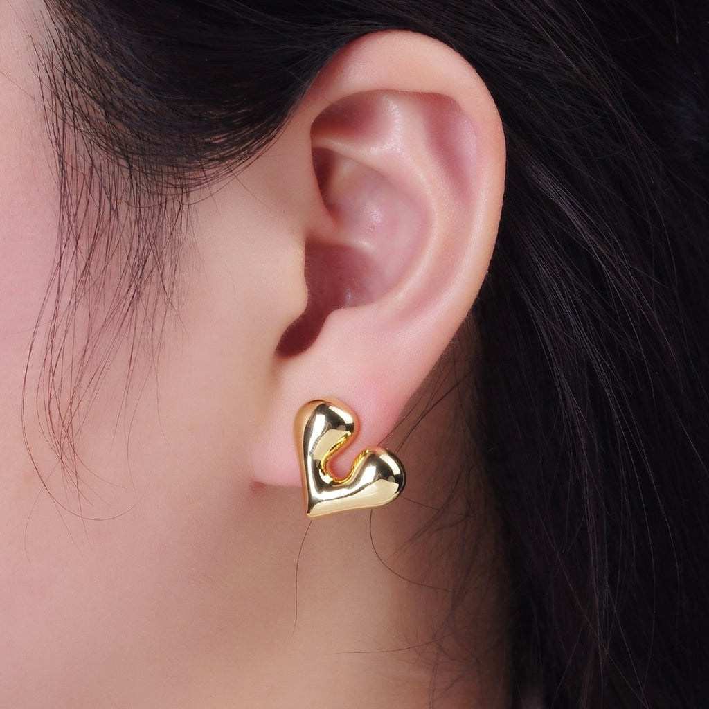 14K Gold plated Chubby Heart Minimalist Stud Earrings | P484 - DLUXCA