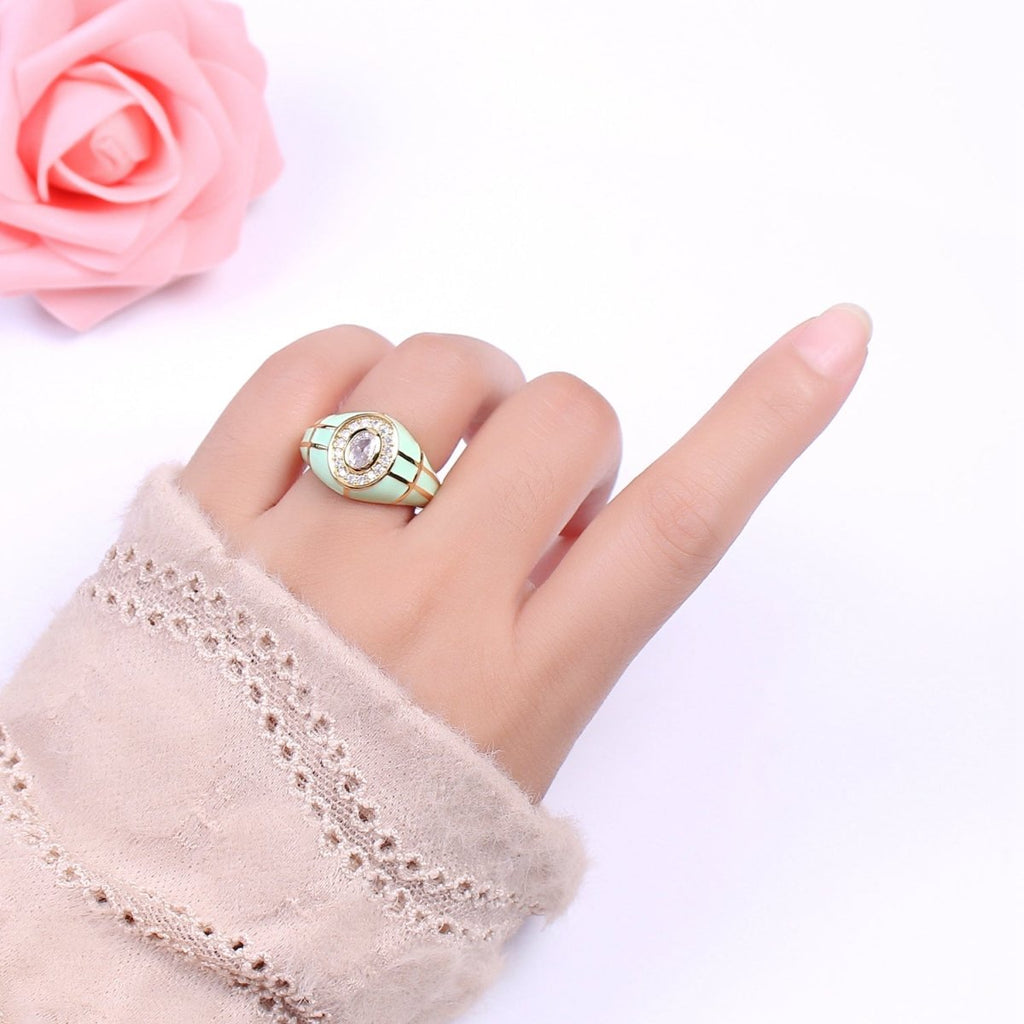 14K Gold plated Chunky Colorful Ring •  Dome Cocktail Ring • ENAMEL Pink Green Black White Ring U-137 ~ U-141