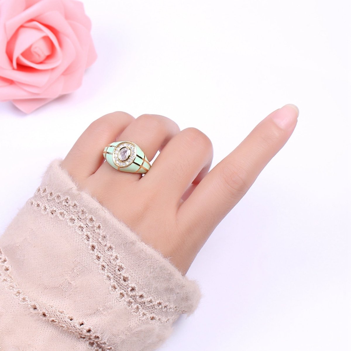 14K Gold plated Chunky Colorful Ring •  Dome Cocktail Ring • ENAMEL Pink Green Black White Ring U-137 ~ U-141