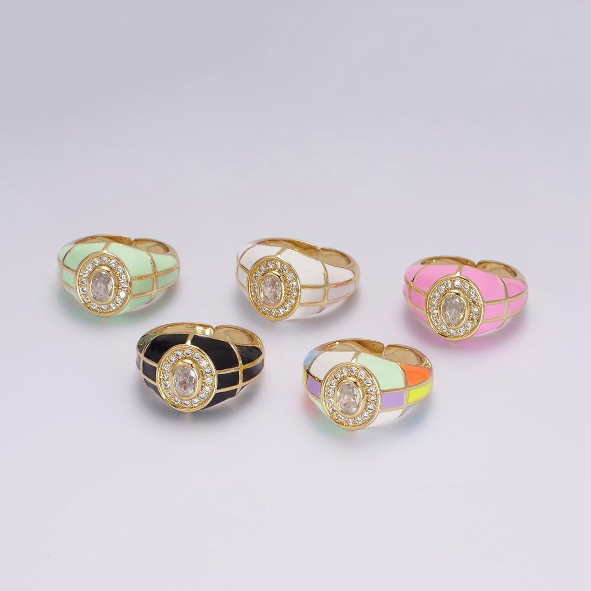 14K Gold plated Chunky Colorful Ring •  Dome Cocktail Ring • ENAMEL Pink Green Black White Ring U-137 ~ U-141