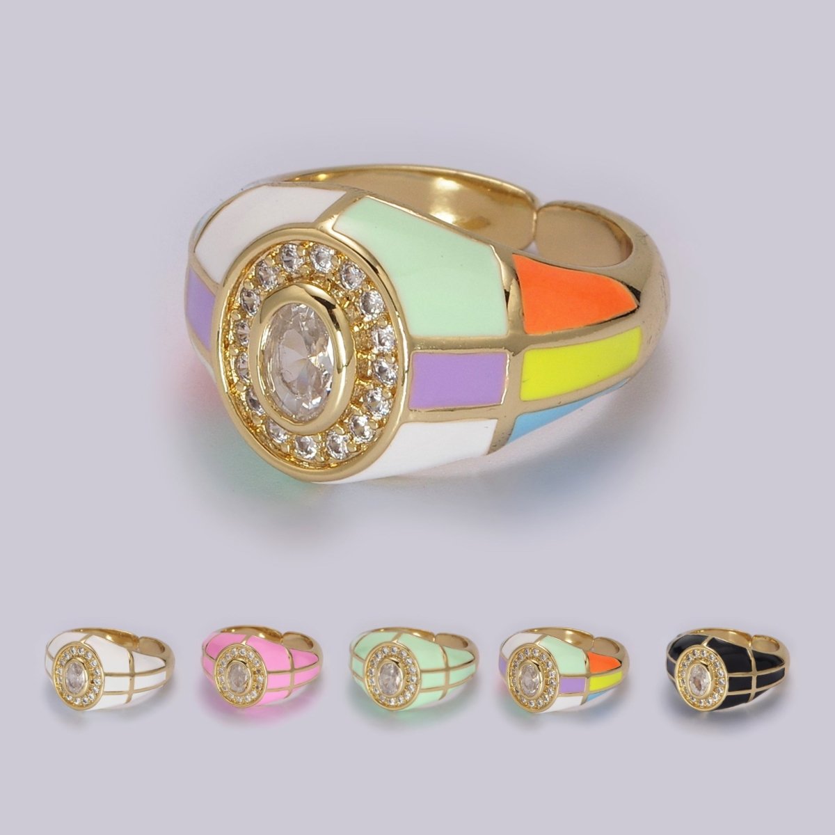 14K Gold plated Chunky Colorful Ring •  Dome Cocktail Ring • ENAMEL Pink Green Black White Ring U-137 ~ U-141