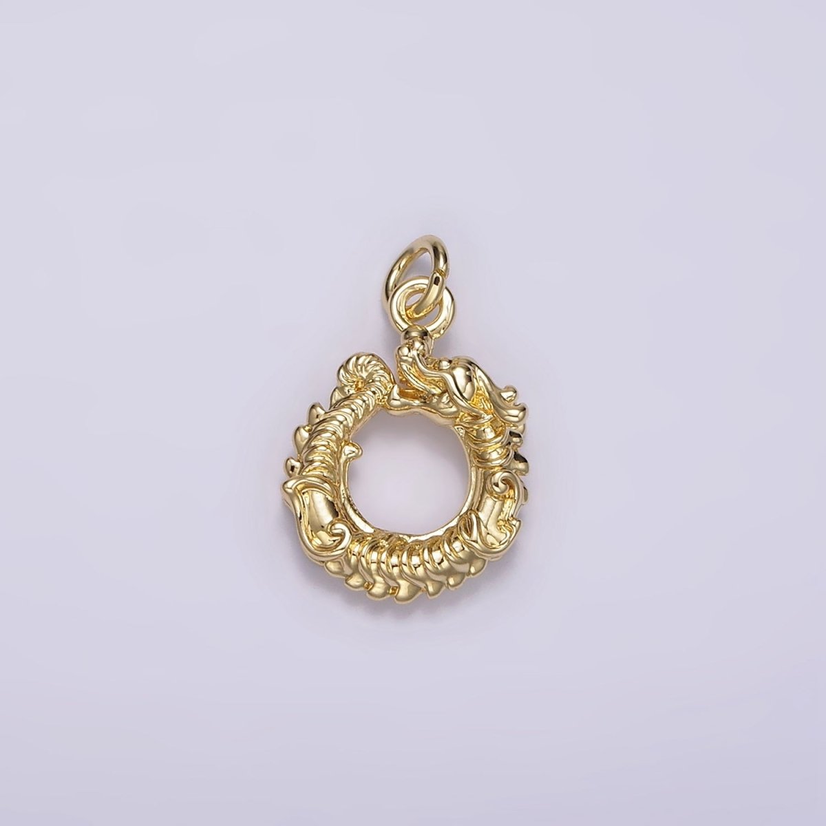 14K Gold plated Circular Dragon Animal Textured Open Round Minimalist Charm | AG413 - DLUXCA