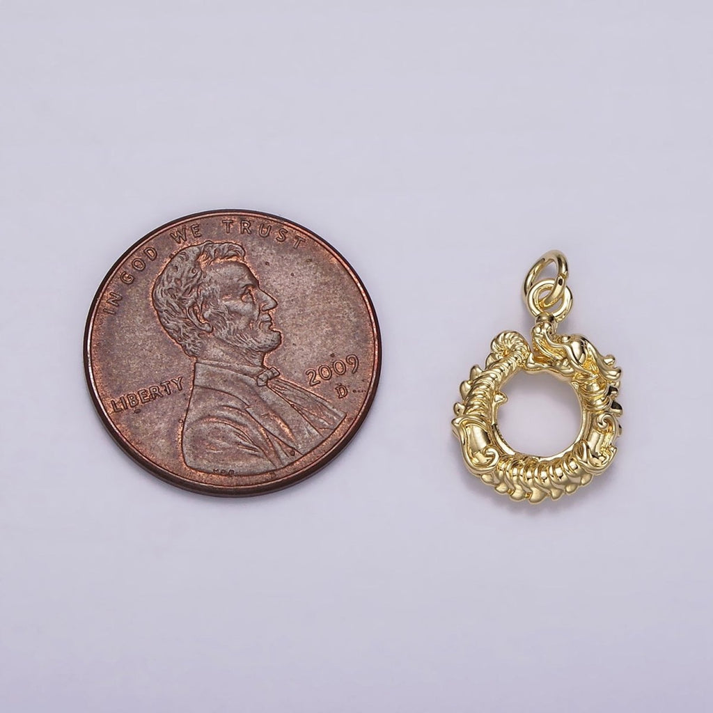 14K Gold plated Circular Dragon Animal Textured Open Round Minimalist Charm | AG413 - DLUXCA