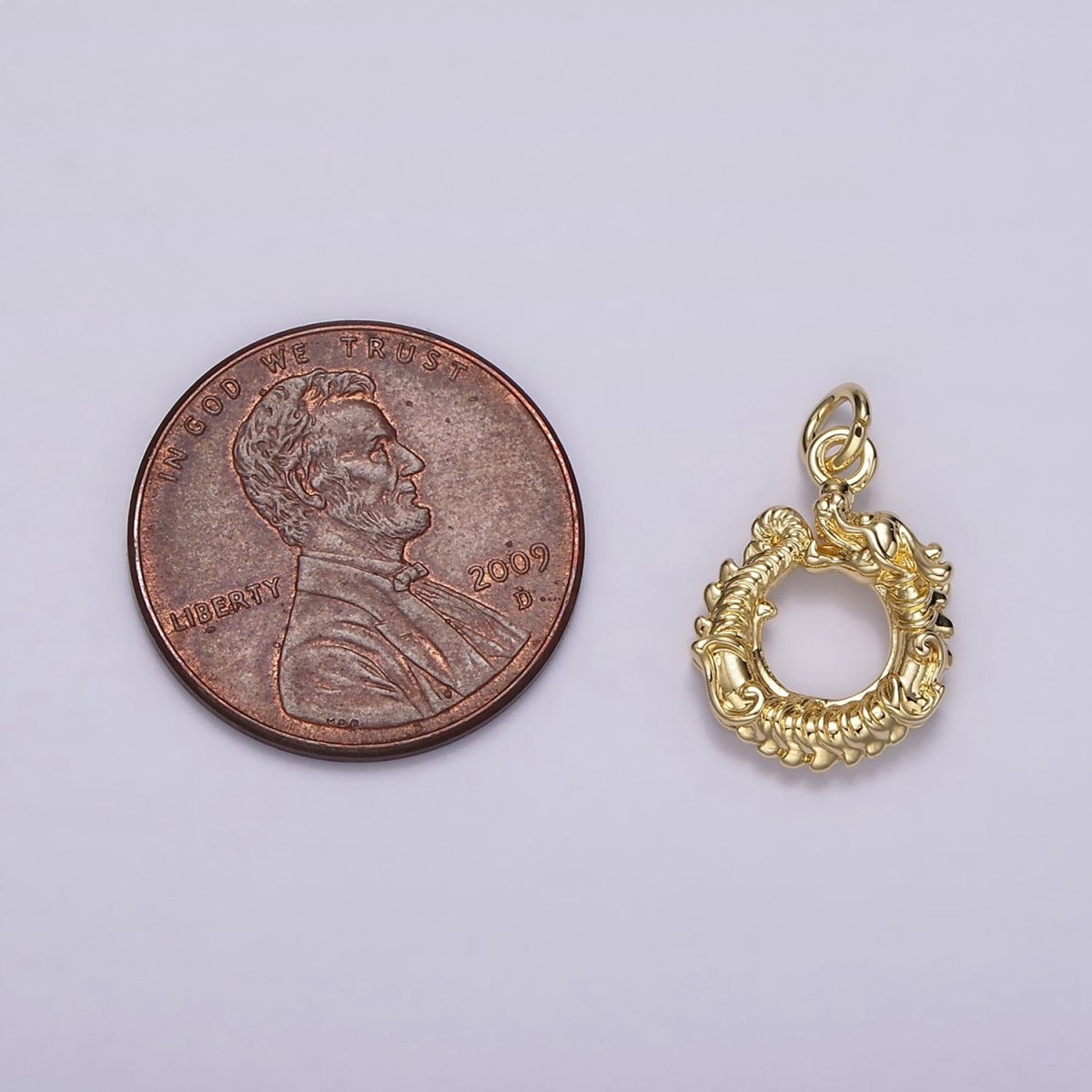 14K Gold plated Circular Dragon Animal Textured Open Round Minimalist Charm | AG413 - DLUXCA