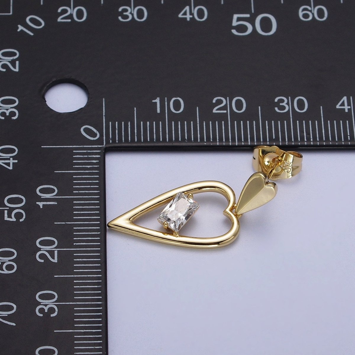 14K Gold plated Clear Baguette CZ Heart Drop Dangle Stud Earrings | V-006 - DLUXCA