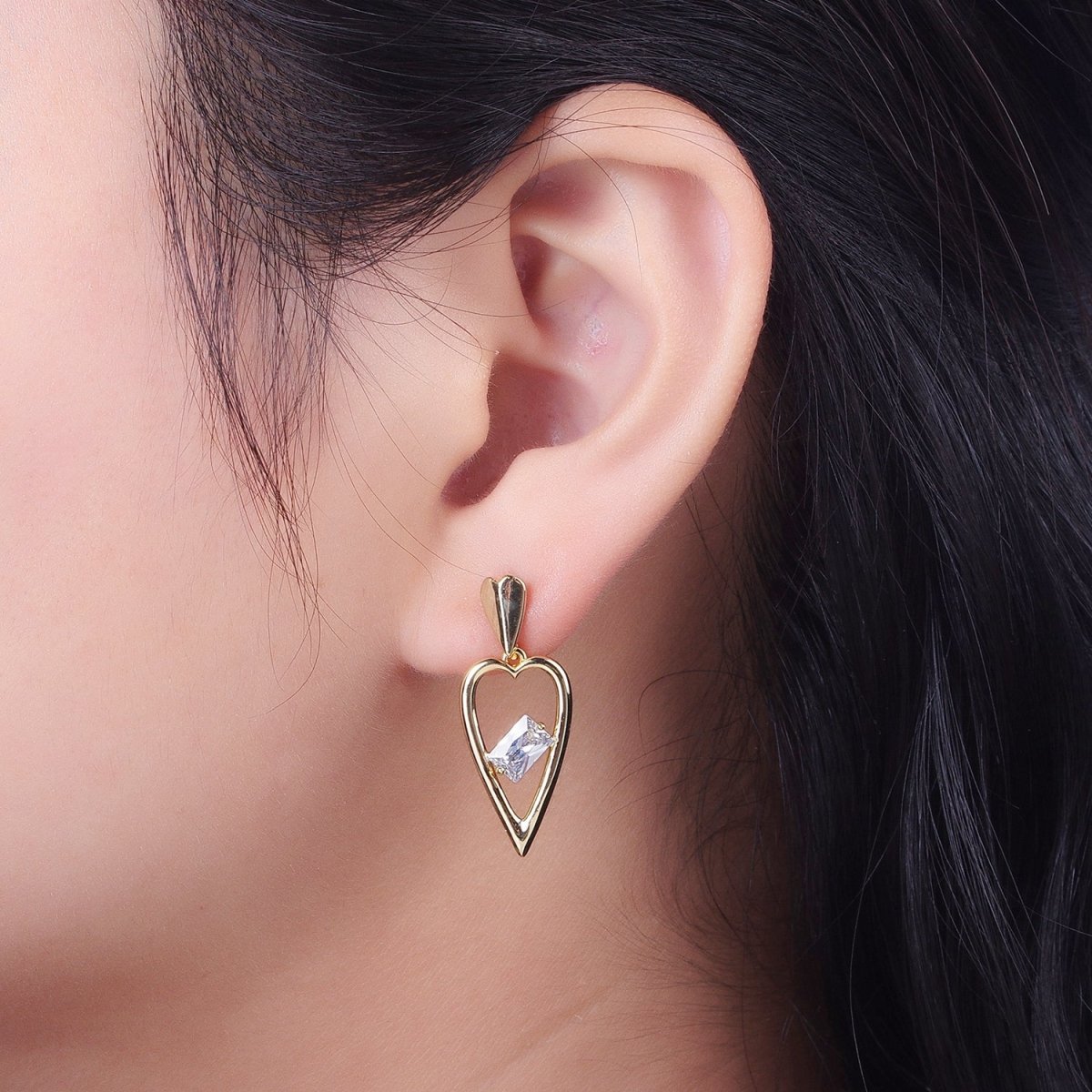 14K Gold plated Clear Baguette CZ Heart Drop Dangle Stud Earrings | V-006 - DLUXCA