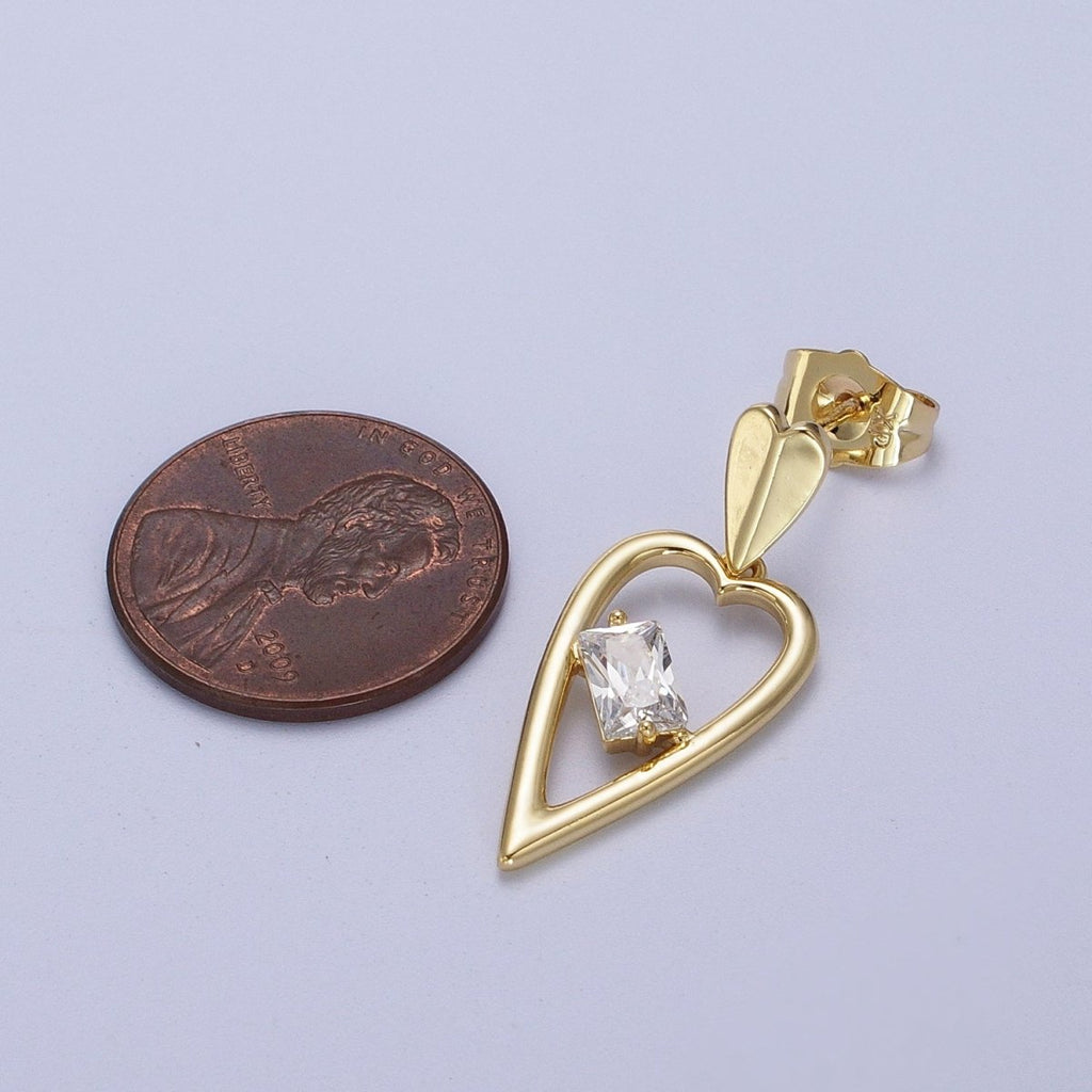 14K Gold plated Clear Baguette CZ Heart Drop Dangle Stud Earrings | V-006 - DLUXCA