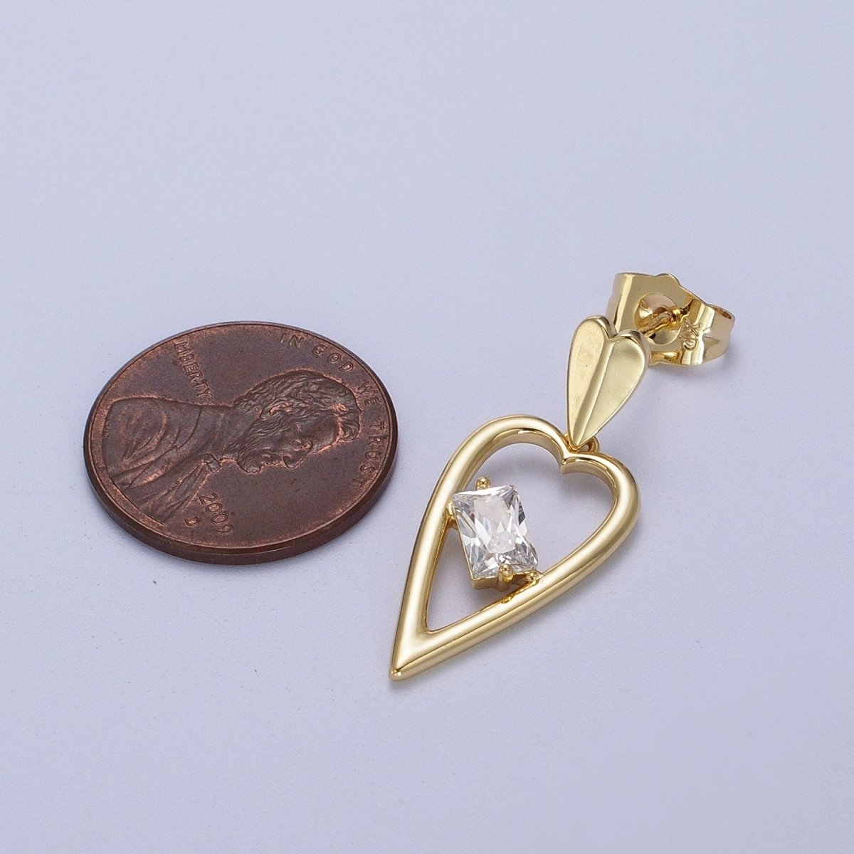 14K Gold plated Clear Baguette CZ Heart Drop Dangle Stud Earrings | V-006 - DLUXCA