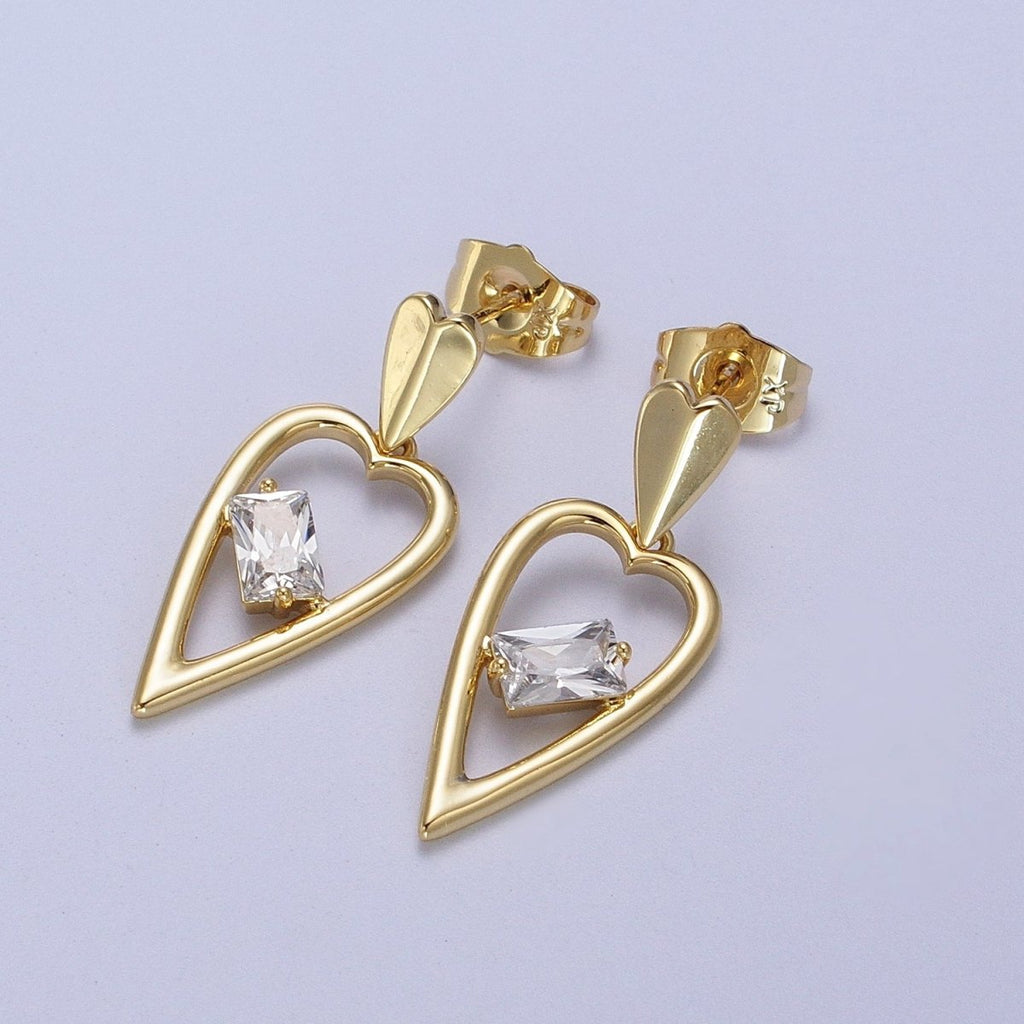 14K Gold plated Clear Baguette CZ Heart Drop Dangle Stud Earrings | V-006 - DLUXCA