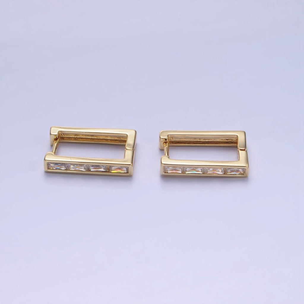 14K Gold plated Clear Baguette CZ Lined Rectangular Hoop Earrings | AB1339 - DLUXCA