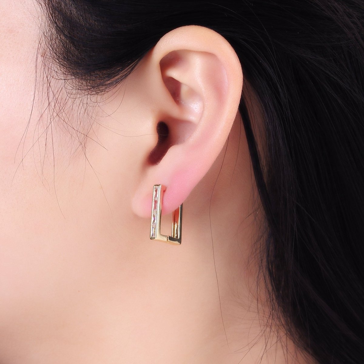 14K Gold plated Clear Baguette CZ Lined Rectangular Hoop Earrings | AB1339 - DLUXCA
