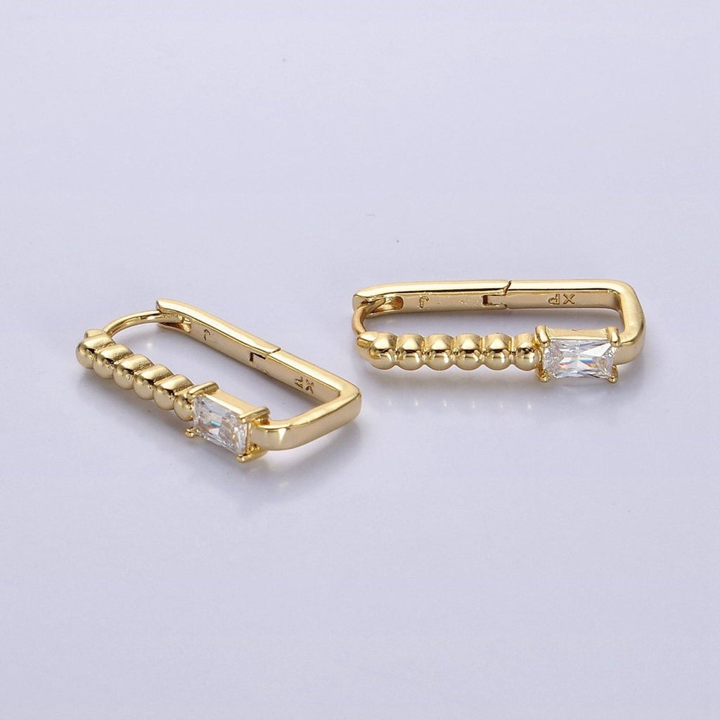 14K Gold plated Clear Baguette CZ Round Beaded Oblong Hoop Earrings | AE587 - DLUXCA