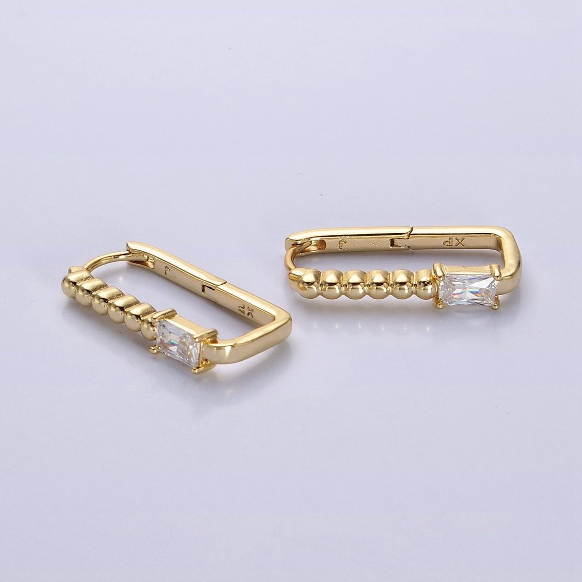 14K Gold plated Clear Baguette CZ Round Beaded Oblong Hoop Earrings | AE587 - DLUXCA