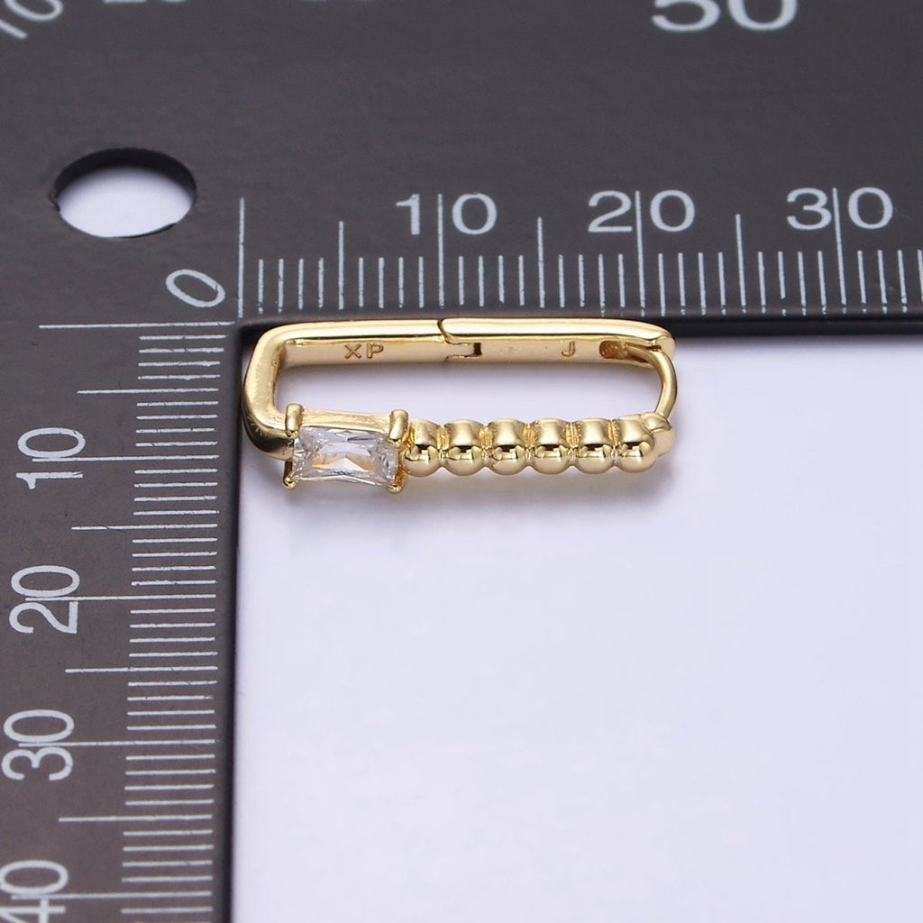 14K Gold plated Clear Baguette CZ Round Beaded Oblong Hoop Earrings | AE587 - DLUXCA