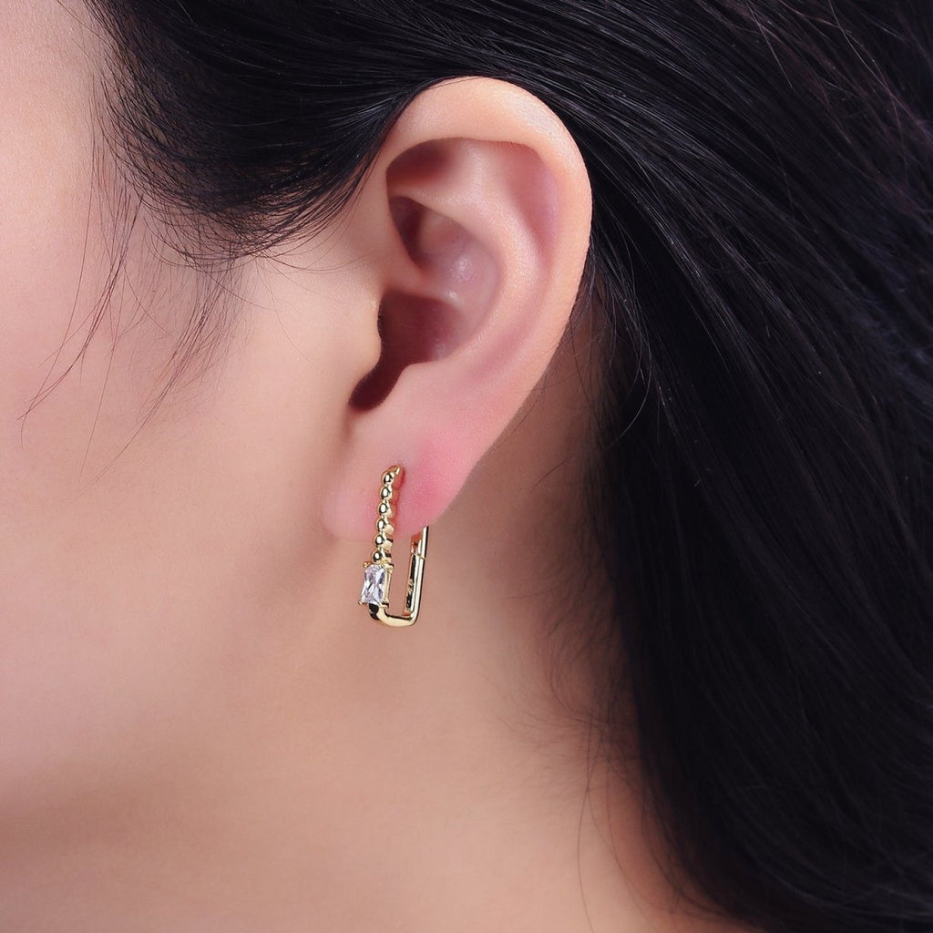 14K Gold plated Clear Baguette CZ Round Beaded Oblong Hoop Earrings | AE587 - DLUXCA