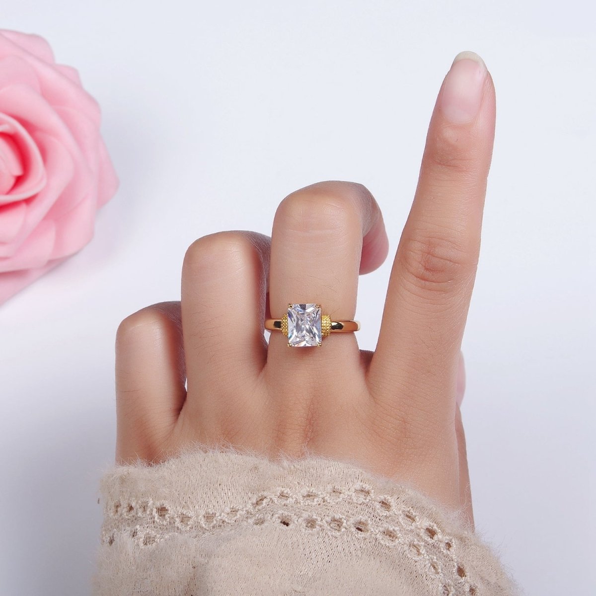14K Gold plated Clear Baguette Dotted Band Solitaire Ring | O1073 - DLUXCA