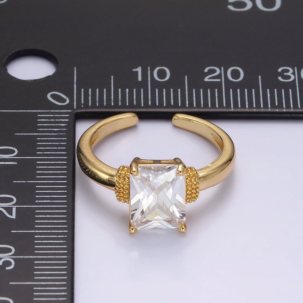 14K Gold plated Clear Baguette Dotted Band Solitaire Ring | O1073 - DLUXCA