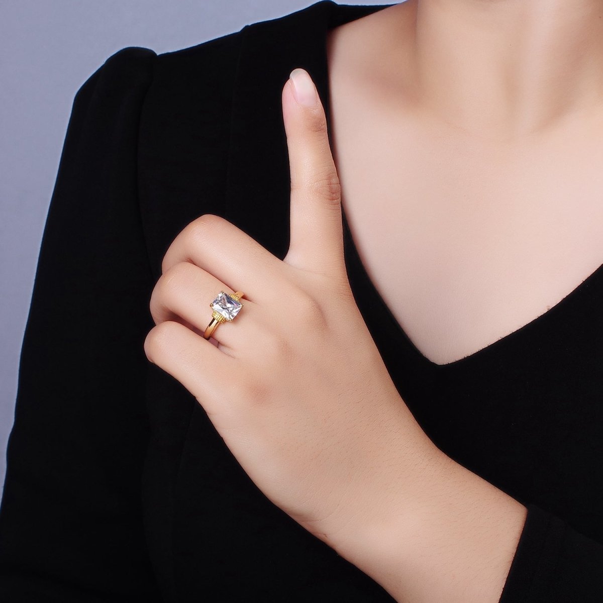 14K Gold plated Clear Baguette Dotted Band Solitaire Ring | O1073 - DLUXCA