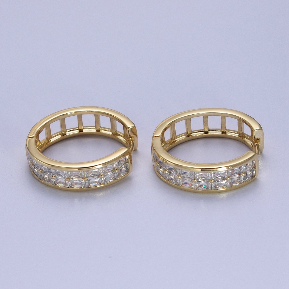 14K Gold plated Clear Baguette Lined 22mm, 15mm Huggie Hoop Earrings | V-023 V-028 - DLUXCA