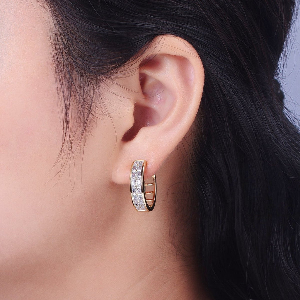 14K Gold plated Clear Baguette Lined 22mm, 15mm Huggie Hoop Earrings | V-023 V-028 - DLUXCA