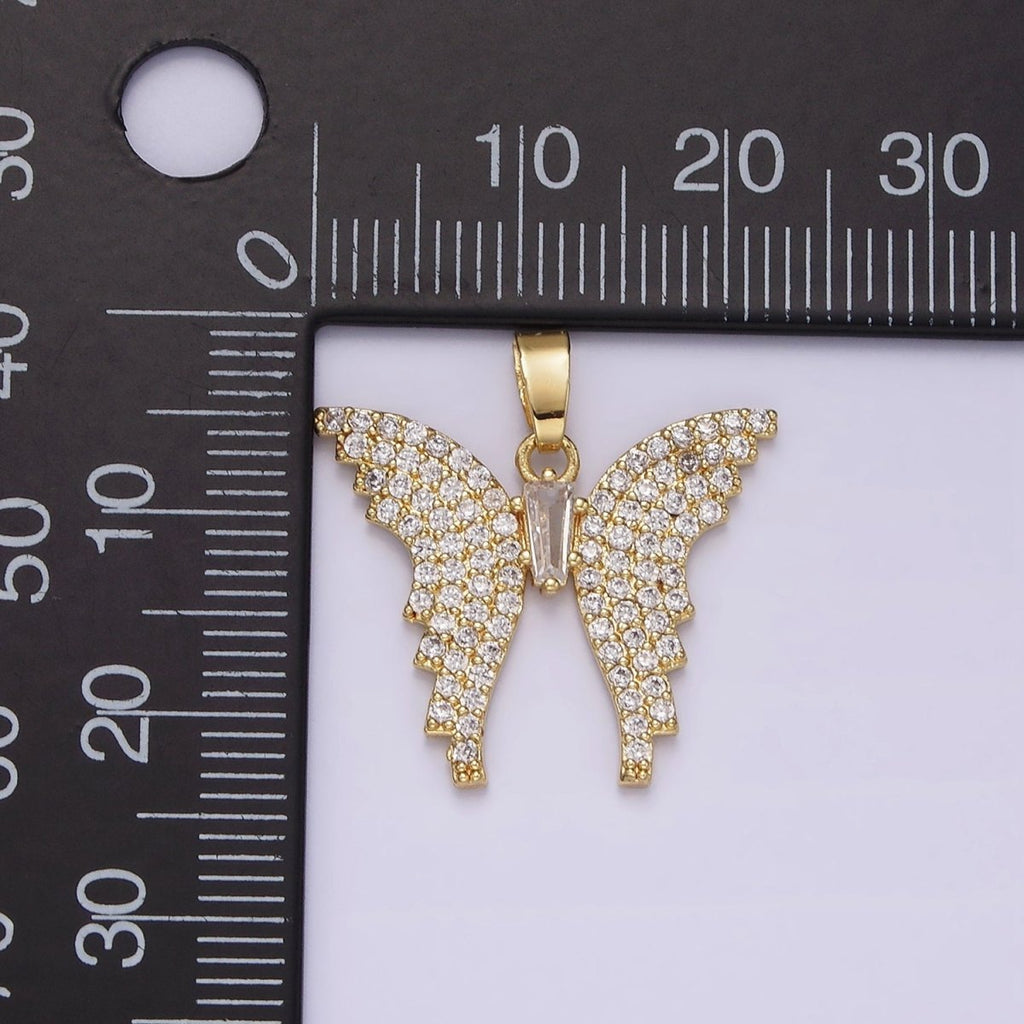 14K Gold plated Clear Baguette Micro Paved CZ Animal Butterfly Wings Pendant | N1820 - DLUXCA
