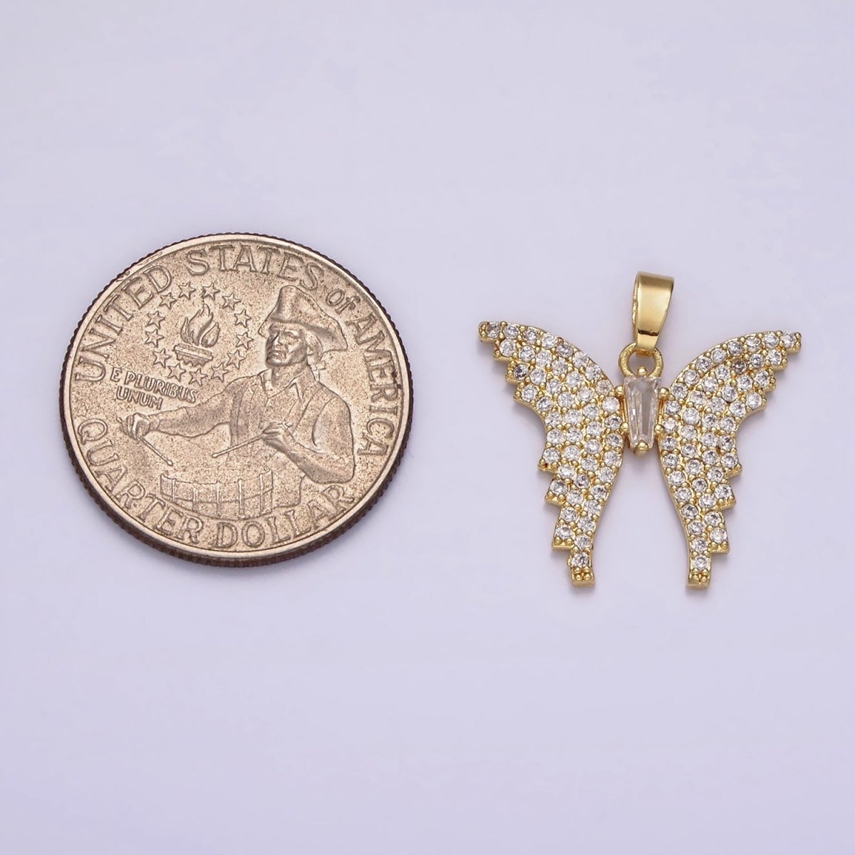 14K Gold plated Clear Baguette Micro Paved CZ Animal Butterfly Wings Pendant | N1820 - DLUXCA