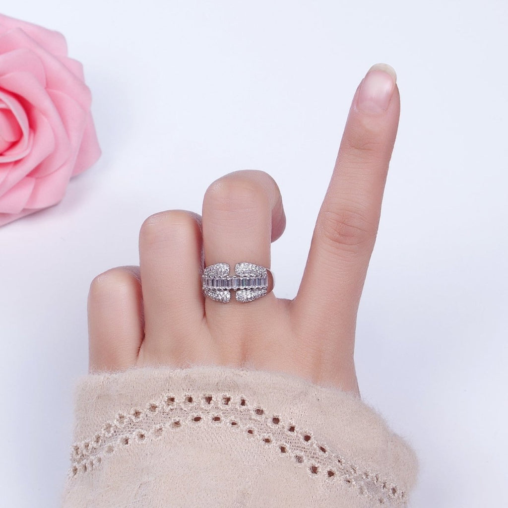 14K Gold plated Clear Baguette Micro Paved CZ Claw Ring in Gold & Silver | O-1557 O-1558 - DLUXCA