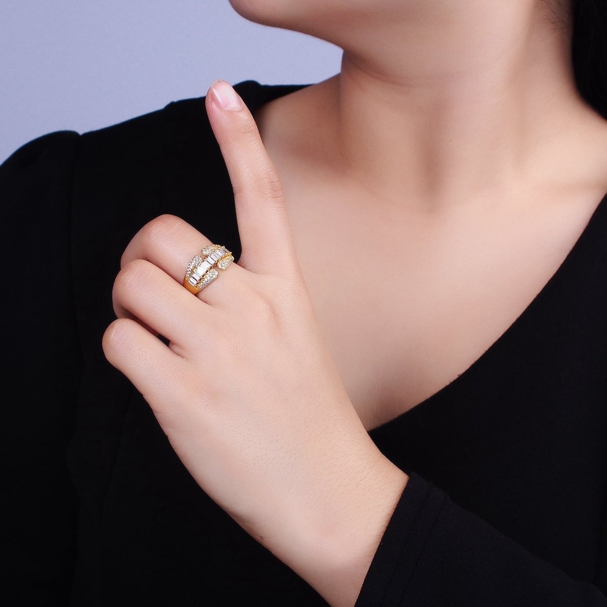 14K Gold plated Clear Baguette Micro Paved CZ Claw Ring in Gold & Silver | O-1557 O-1558 - DLUXCA