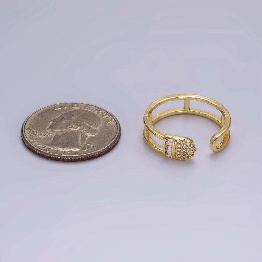14K Gold plated Clear Baguette Micro Paved CZ Rounded Wrap Open Double Band Ring | O1165 - DLUXCA