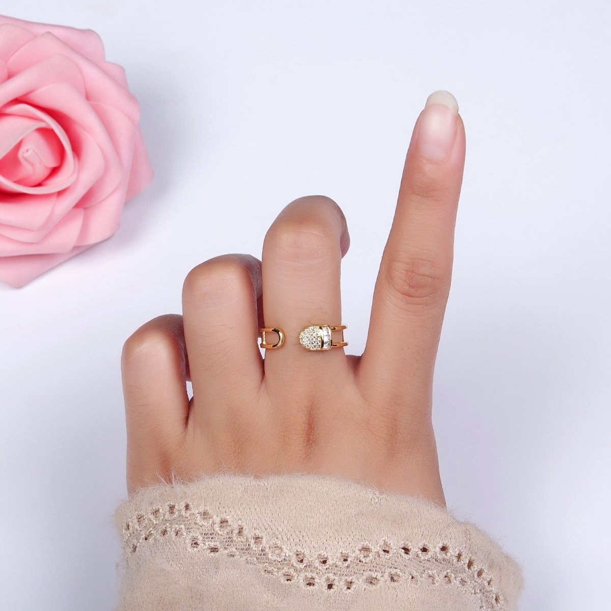 14K Gold plated Clear Baguette Micro Paved CZ Rounded Wrap Open Double Band Ring | O1165 - DLUXCA