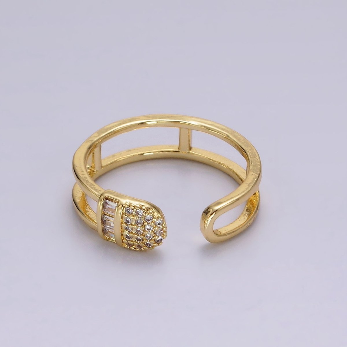 14K Gold plated Clear Baguette Micro Paved CZ Rounded Wrap Open Double Band Ring | O1165 - DLUXCA